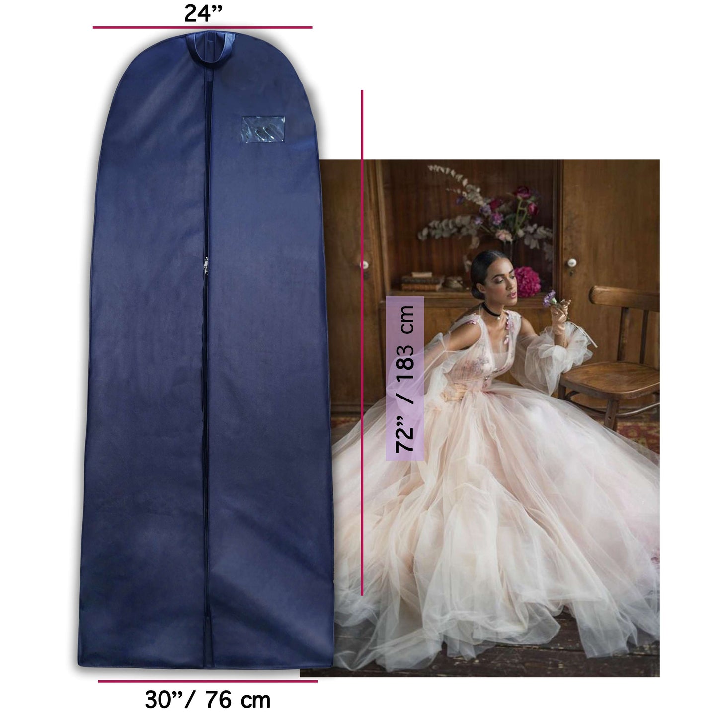 Wedding Lehenga Gown Long Dress Garment Cover Bags 72" with 8" Gusset - BLUE
