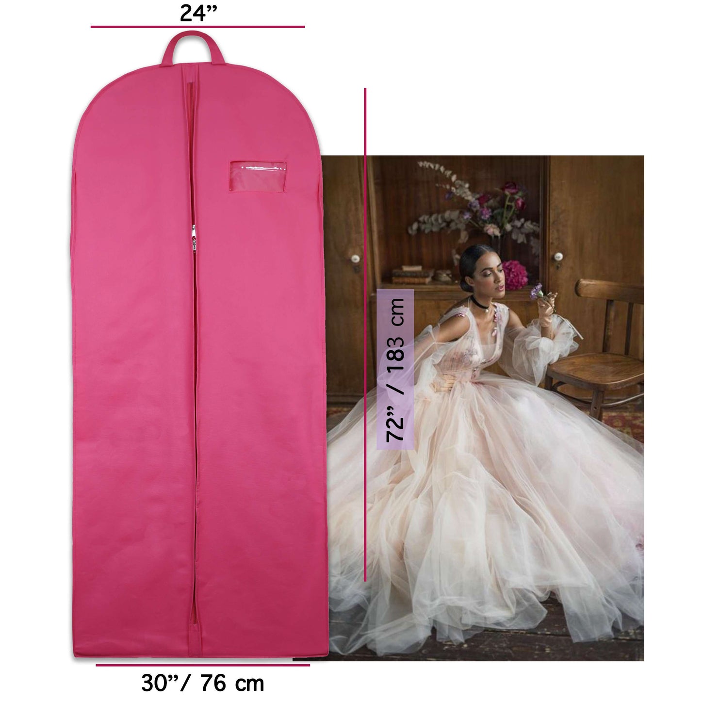 Wedding Lehenga Gown Long Dress Garment Cover Bags 72" with 8" Gusset - PINK